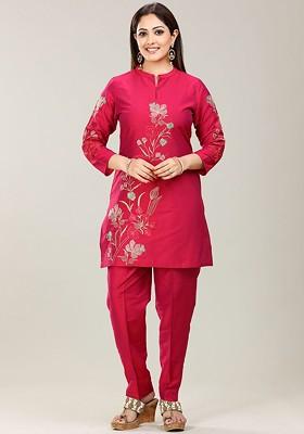 Pink Embroidered Cotton Silk Tunic With Trousers
