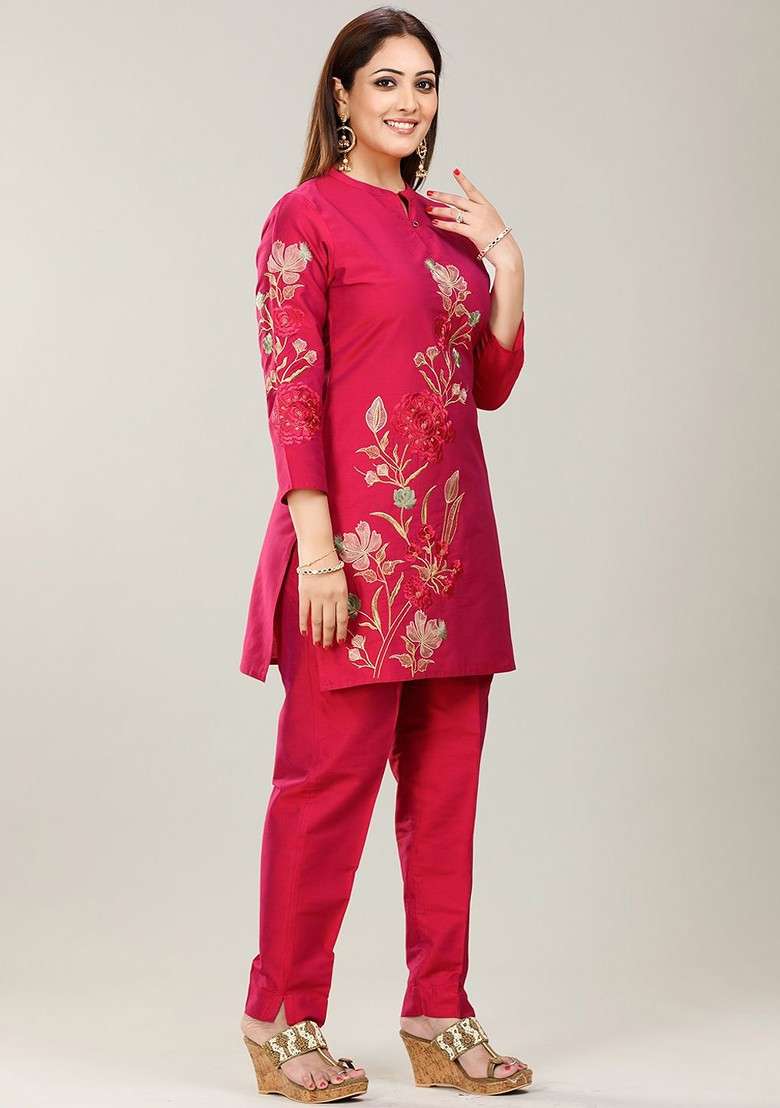 Pink Embroidered Cotton Silk Tunic With Trousers - Indya