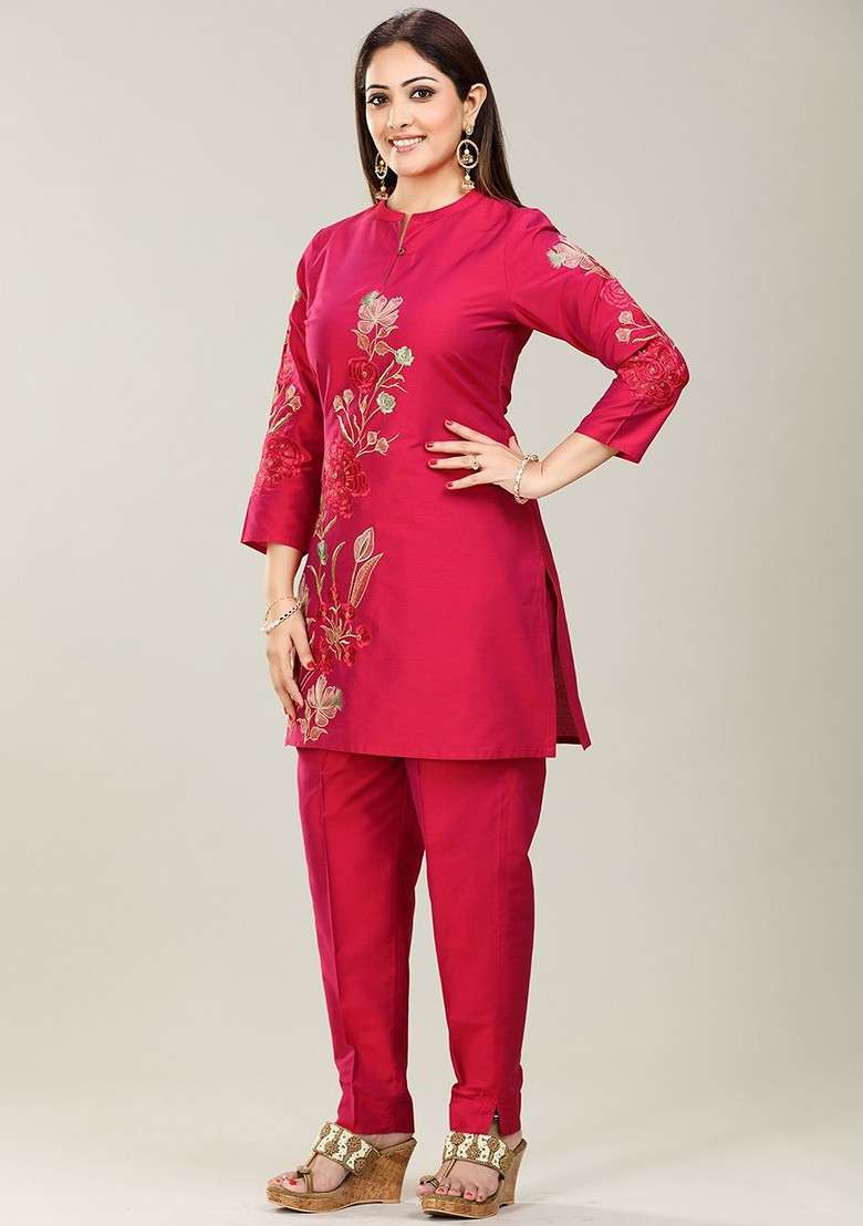 Pink Embroidered Cotton Silk Tunic With Trousers - Indya