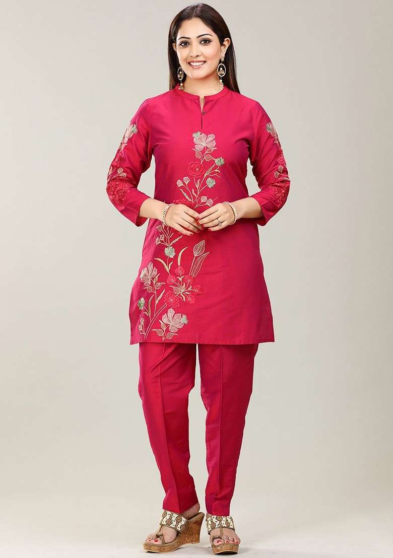 Pink Embroidered Cotton Silk Tunic With Trousers - Indya
