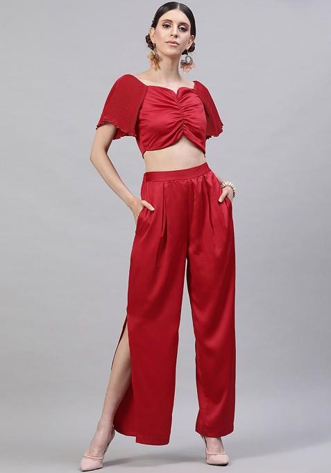 Red Women Red Solid Top With Trousers — view on Indya