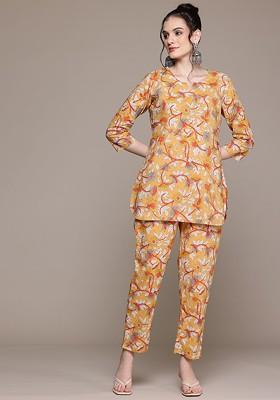 Mustard Floral Printed Pure Cotton Tunic With Trousers