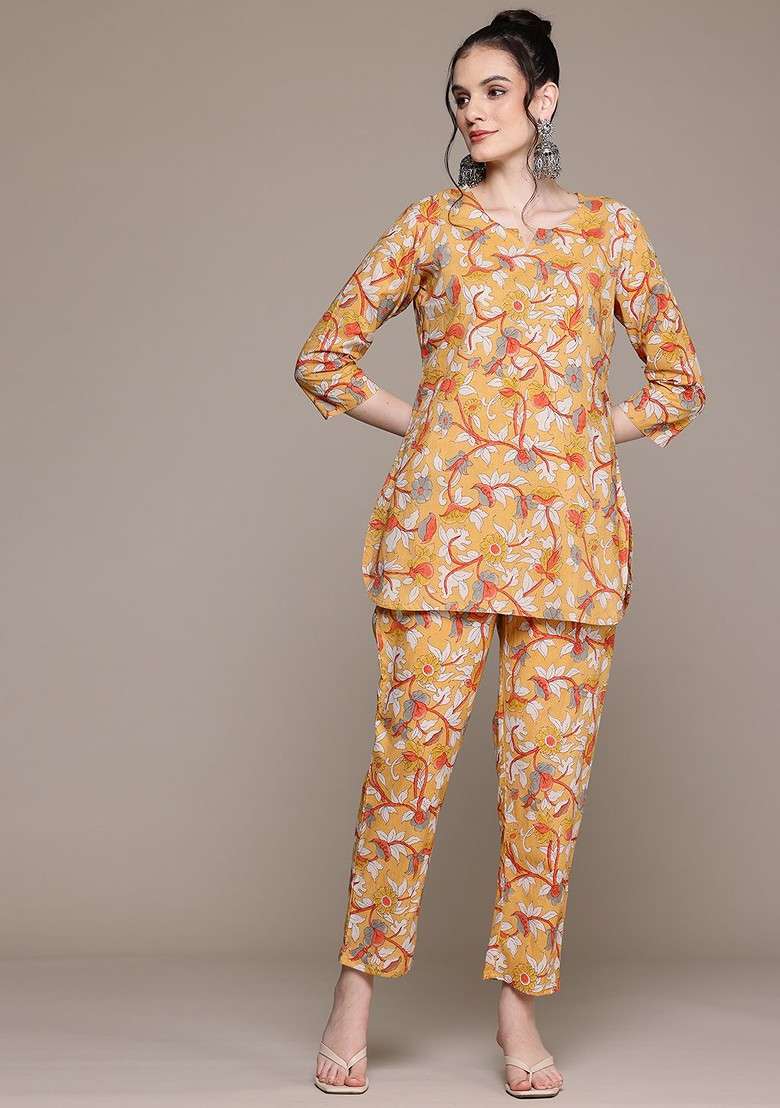 Mustard Floral Printed Pure Cotton Tunic With Trousers - Indya