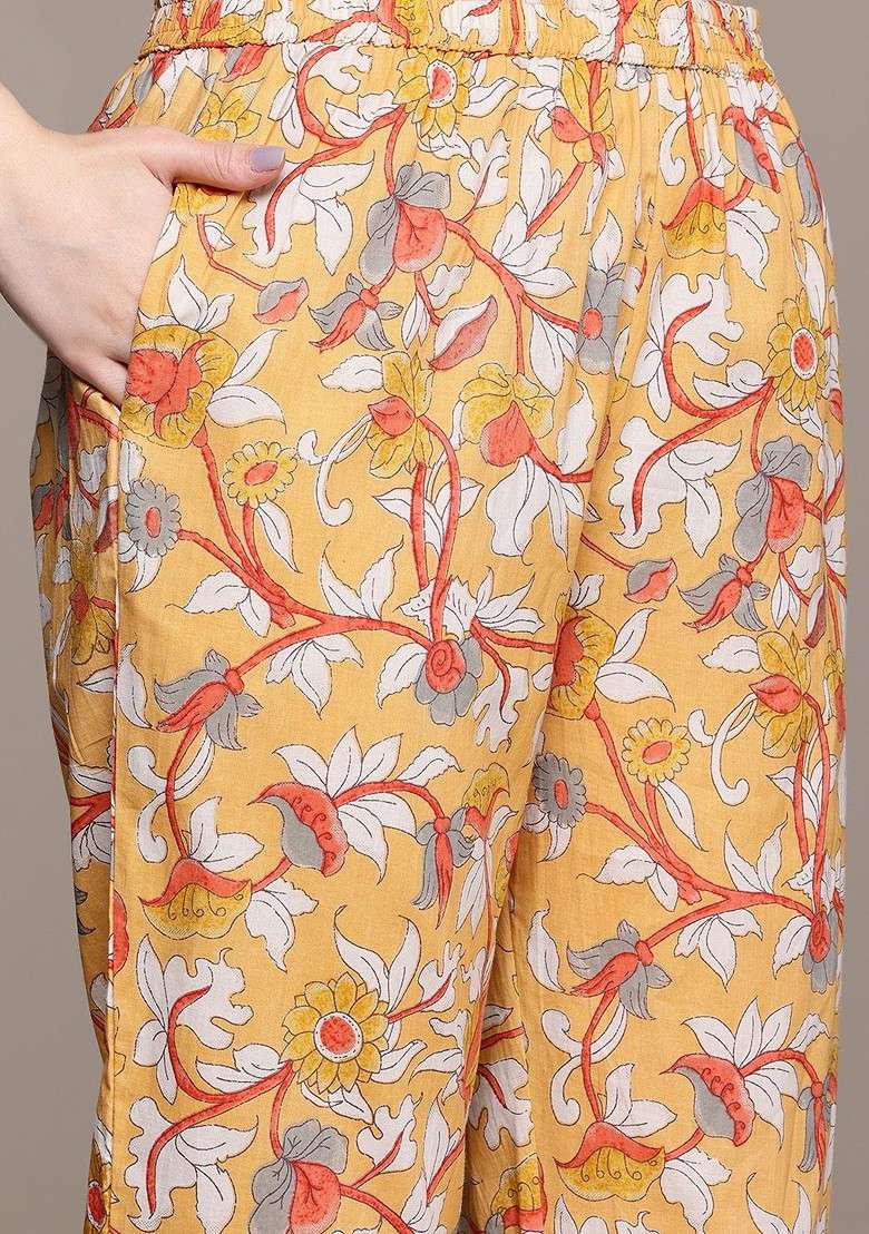 Mustard Floral Printed Pure Cotton Tunic With Trousers - Indya