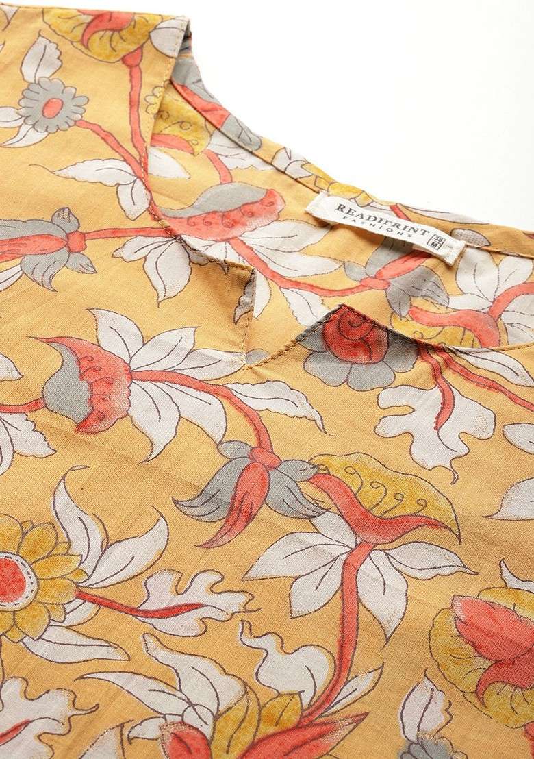 Mustard Floral Printed Pure Cotton Tunic With Trousers - Indya