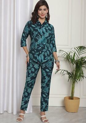 Green Printed Shirtcollar Chanderi Silk Shirt With Trouser