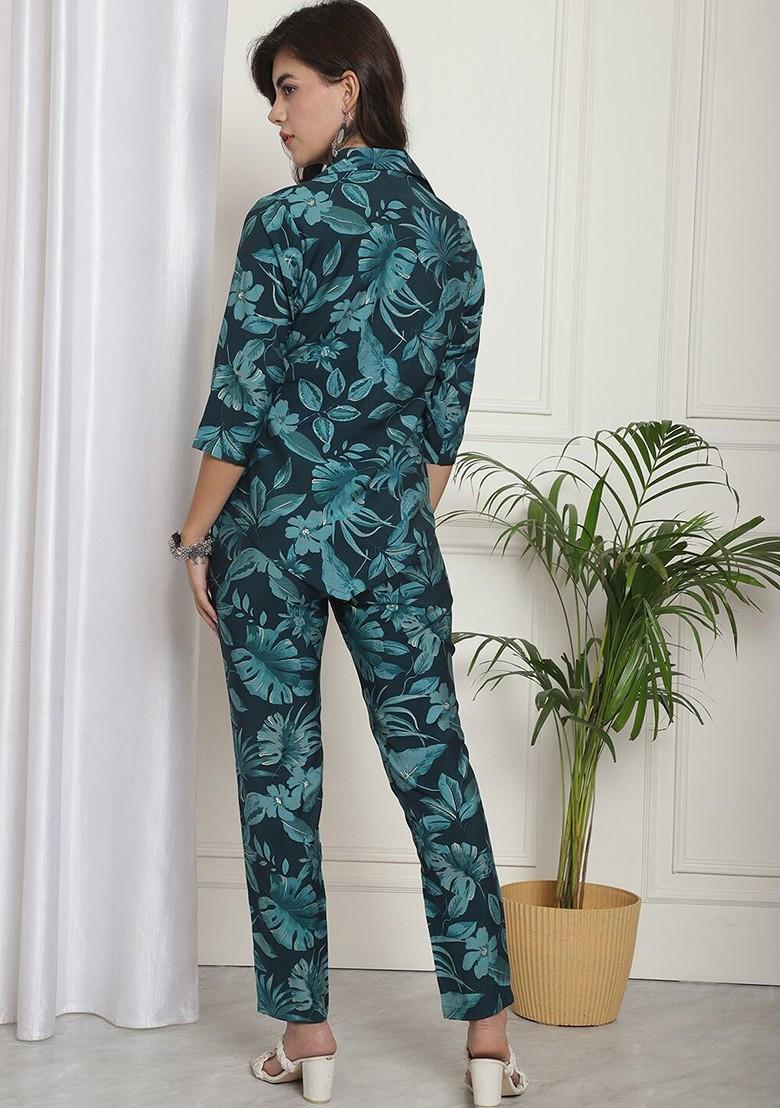 Green Printed Shirtcollar Chanderi Silk Shirt With Trouser - Indya