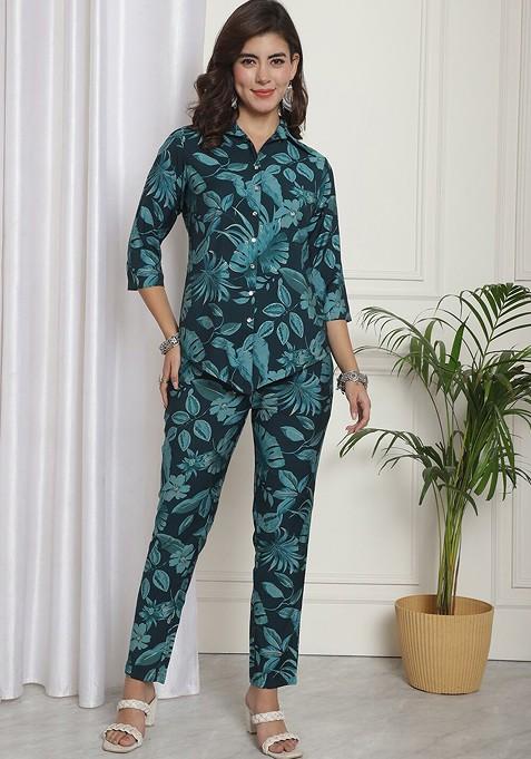 Green Printed Shirtcollar Chanderi Silk Shirt With Trouser — view on Indya
