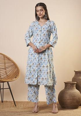 Blue Printed Aline V Neck Tunic With Trousers