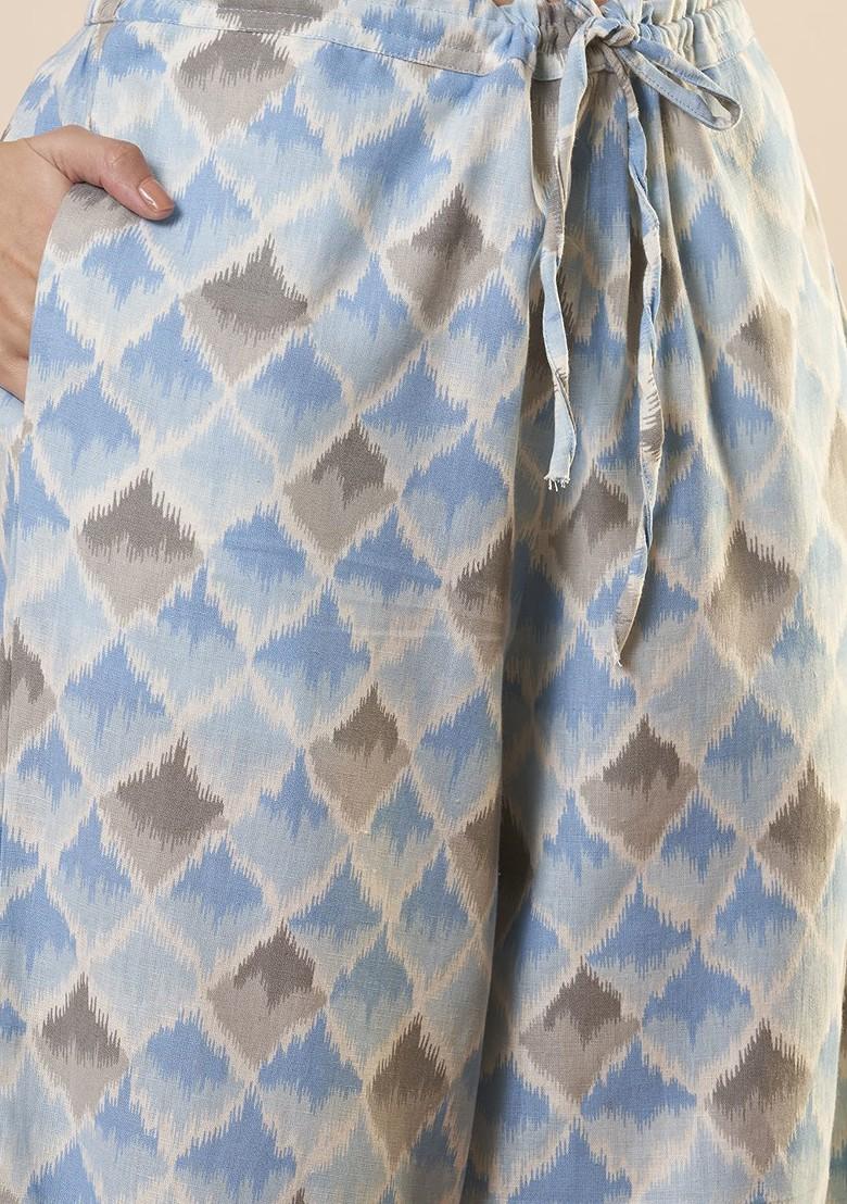 Blue Printed Aline V Neck Tunic With Trousers - Indya