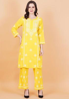 Yellow Embroidered Mandarin Collar Pure Cotton Tunic With Palazzo