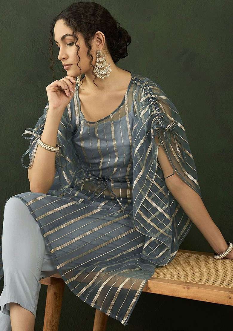 Blue Pure Cotton Ethnic Crop Top Kaftan And Trousers Coords - Indya