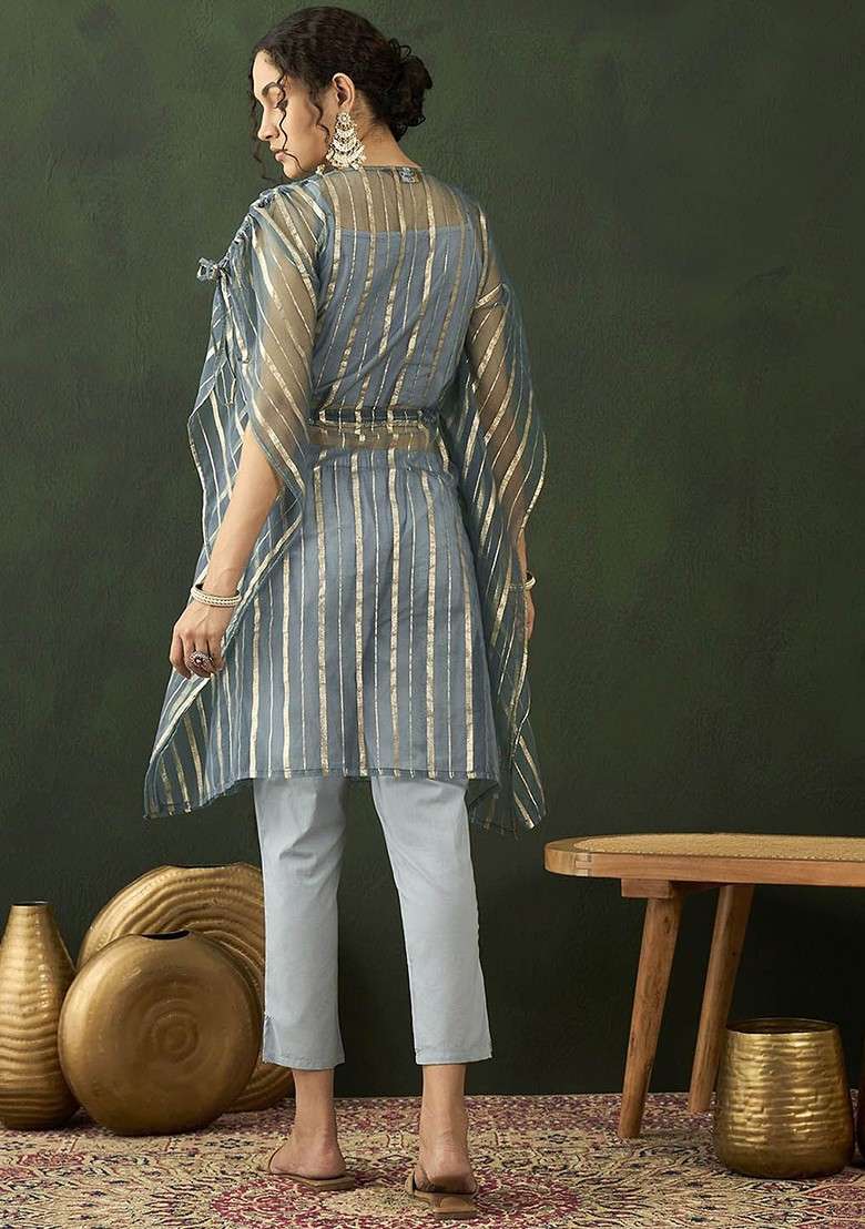 Blue Pure Cotton Ethnic Crop Top Kaftan And Trousers Coords - Indya