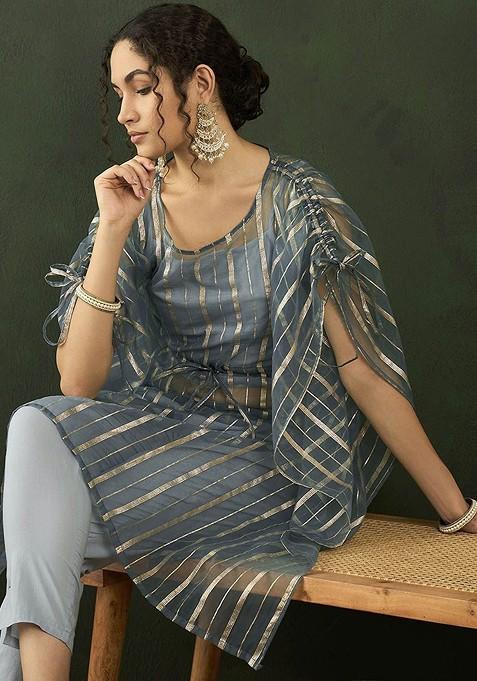 Blue Pure Cotton Ethnic Crop Top Kaftan And Trousers Coords