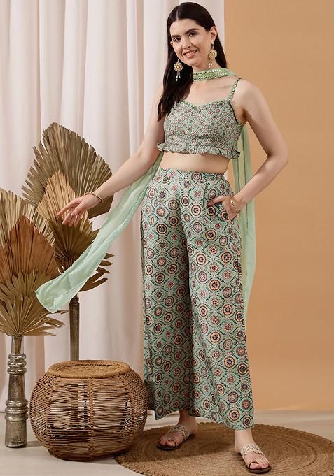 Green Printed Crop Top And Palazzo