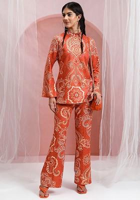 Orange Women Printed Tunic With Flared Pants