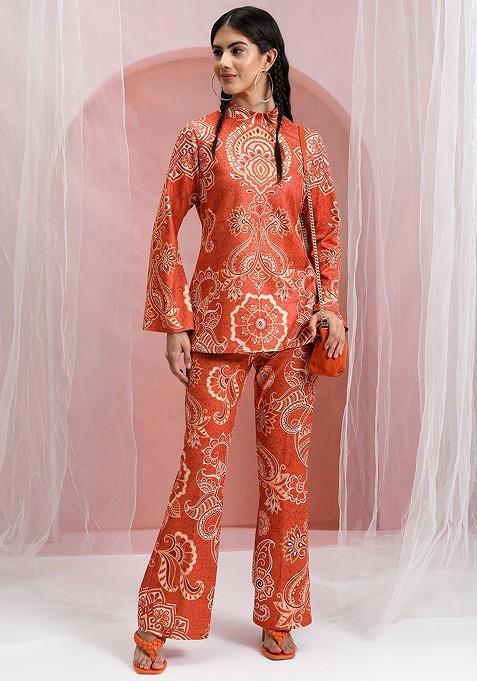 Orange Women Printed Tunic With Flared Pants