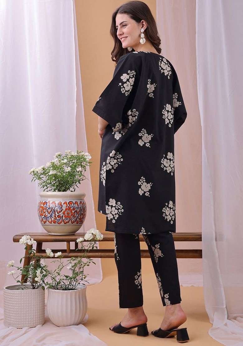 Black Floral Printed Round Neck Top With Trousers Coords - Indya