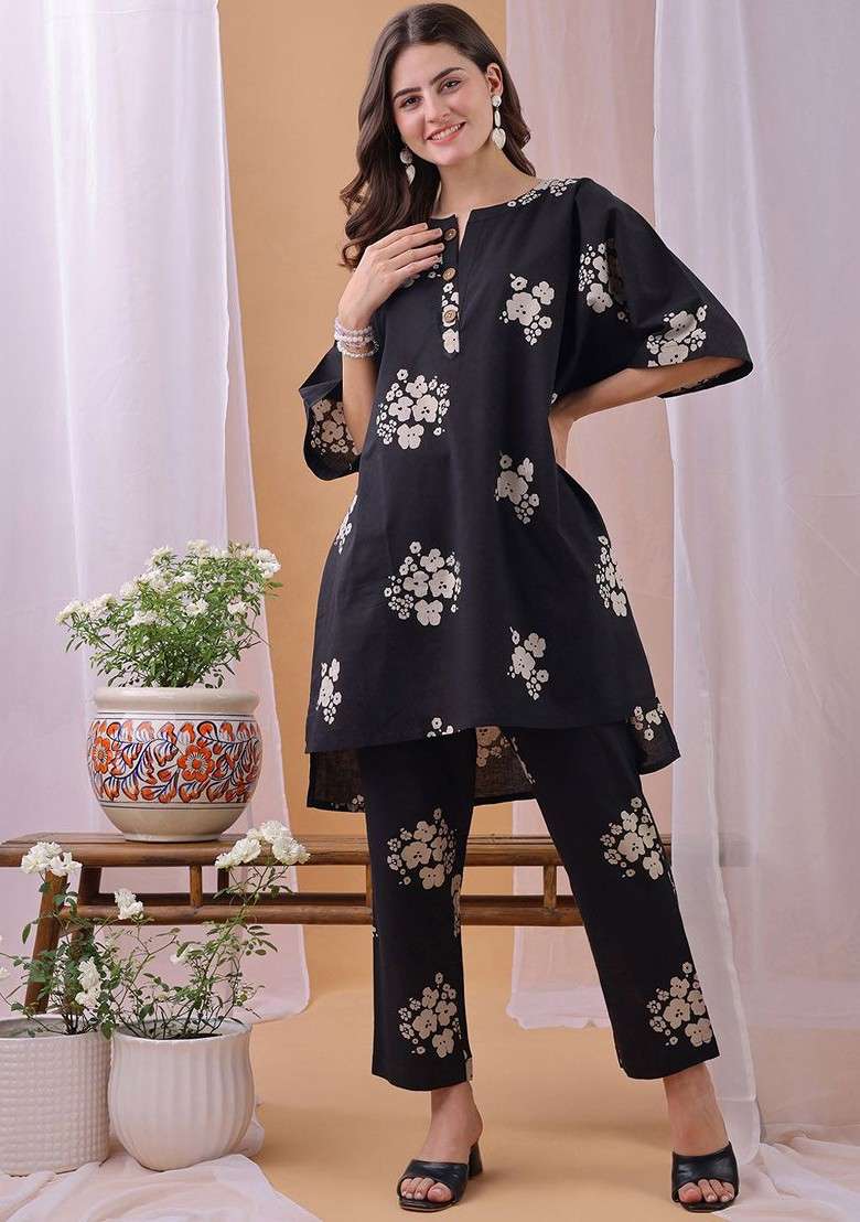 Black Floral Printed Round Neck Top With Trousers Coords - Indya