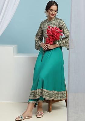 Green Floral Printed Tunic And Trouser With Jacket