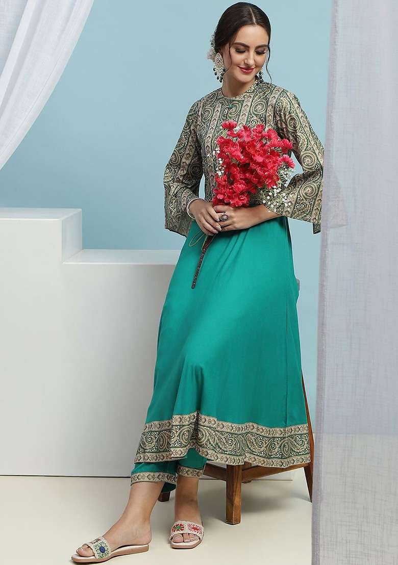 Green Floral Printed Tunic And Trouser With Jacket - Indya