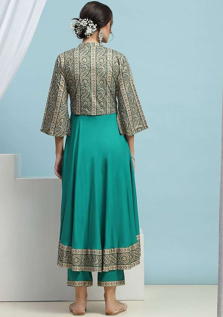 Green Floral Printed Tunic And Trouser With Jacket - Indya
