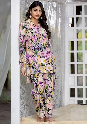 Pink Floral Shirt Collar Pure Cotton Top With Trousers