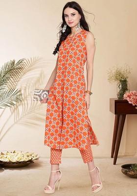 Orange Printed Roundneck Pure Cotton Top With Trousers Coords