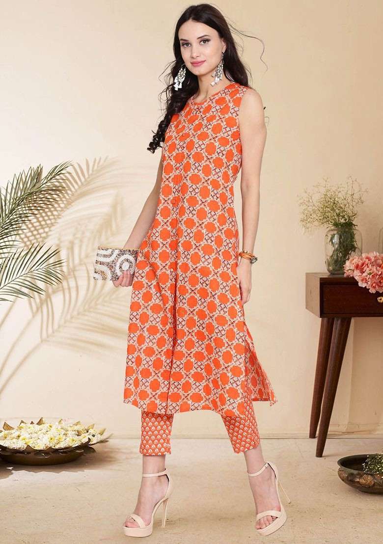Orange Printed Roundneck Pure Cotton Top With Trousers Coords - Indya