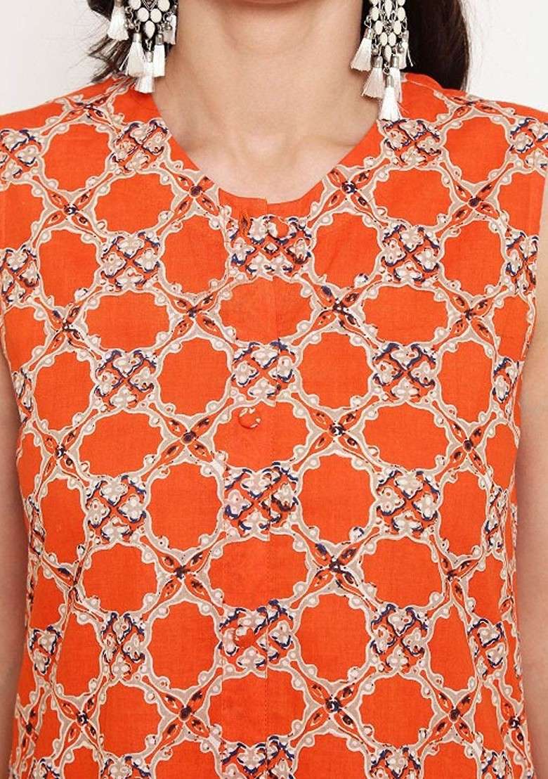 Orange Printed Roundneck Pure Cotton Top With Trousers Coords - Indya