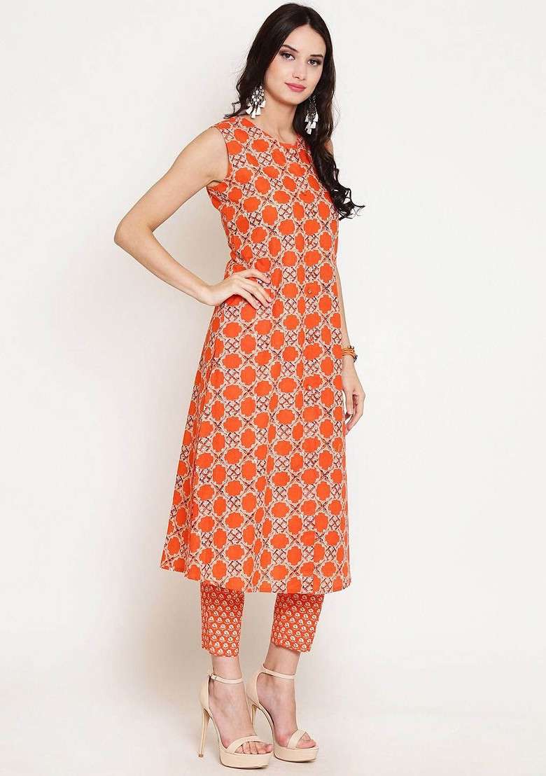 Orange Printed Roundneck Pure Cotton Top With Trousers Coords - Indya