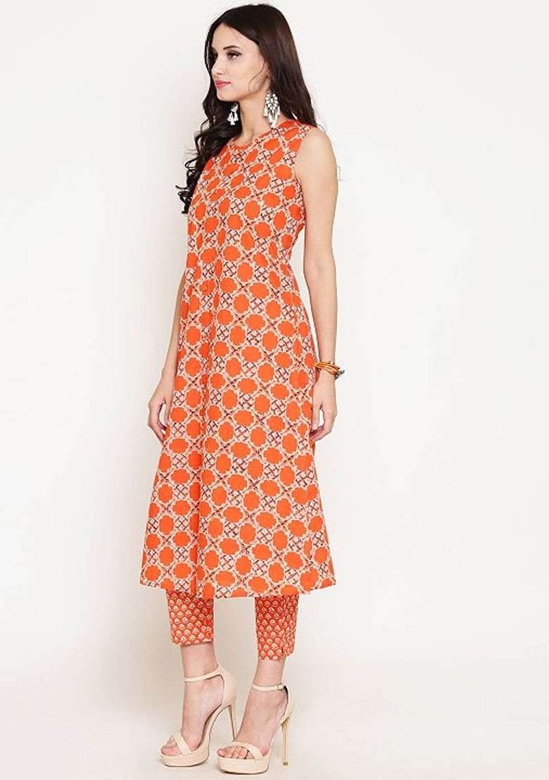 Orange Printed Roundneck Pure Cotton Top With Trousers Coords - Indya