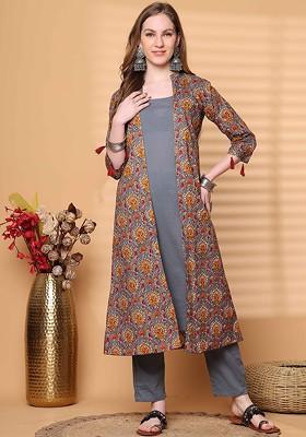 Grey Round Neck Pure Cotton Tunic With Trouser And Printed Shrug