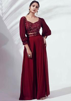 Maroon Ethnic Motifs Embroidered Sequinned Top With Palazzos