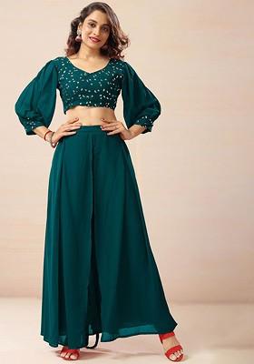 Teal Ethnic Motifs Embroidered Sequinned Top With Palazzos