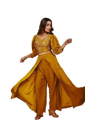 Yellow Embroidered Puff Sleeves Crop Top With Palazzo