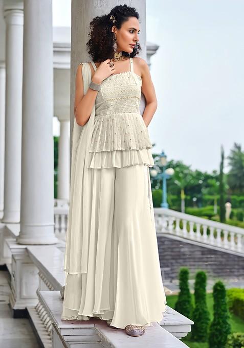 Cream Shoulder Straps Embroidered Georgette Ethnic Tunic With Palazzos And Dupatta — view on Indya