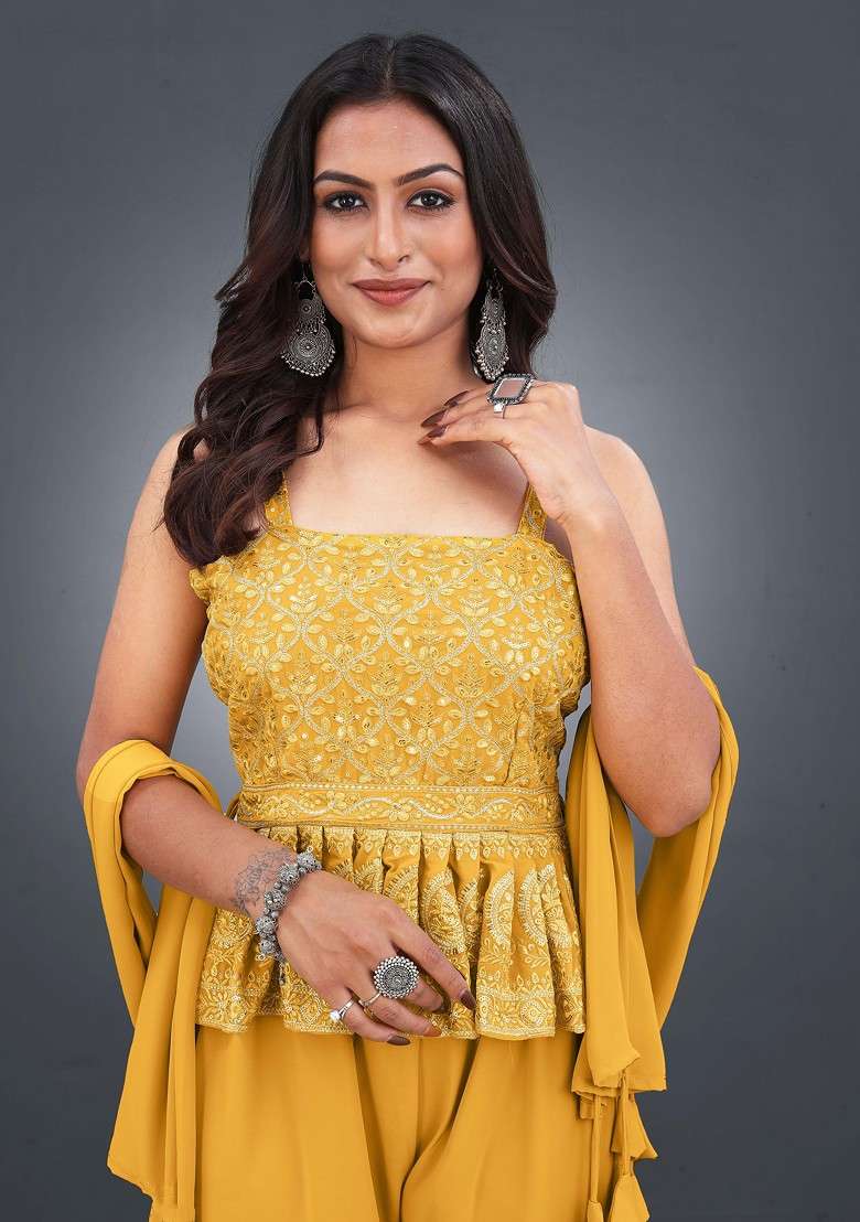 Yellow Embroidered Sequins Top With Palazzos And Dupatta - Indya