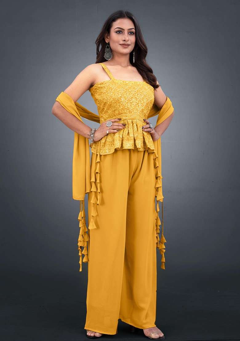 Yellow Embroidered Sequins Top With Palazzos And Dupatta - Indya
