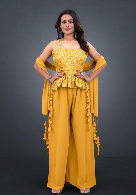 Yellow Embroidered Sequins Top With Palazzos And Dupatta — view on Indya
