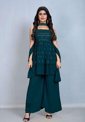 Teal Floral Embroidered Shoulder Straps Georgette Aline Kurti With Palazzo And Dupatta