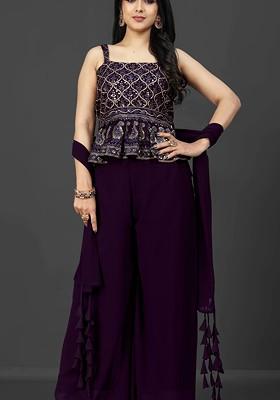 Purple Shoulder Straps Embroidered Ethnic Georgette Top With Palazzos And Dupatta