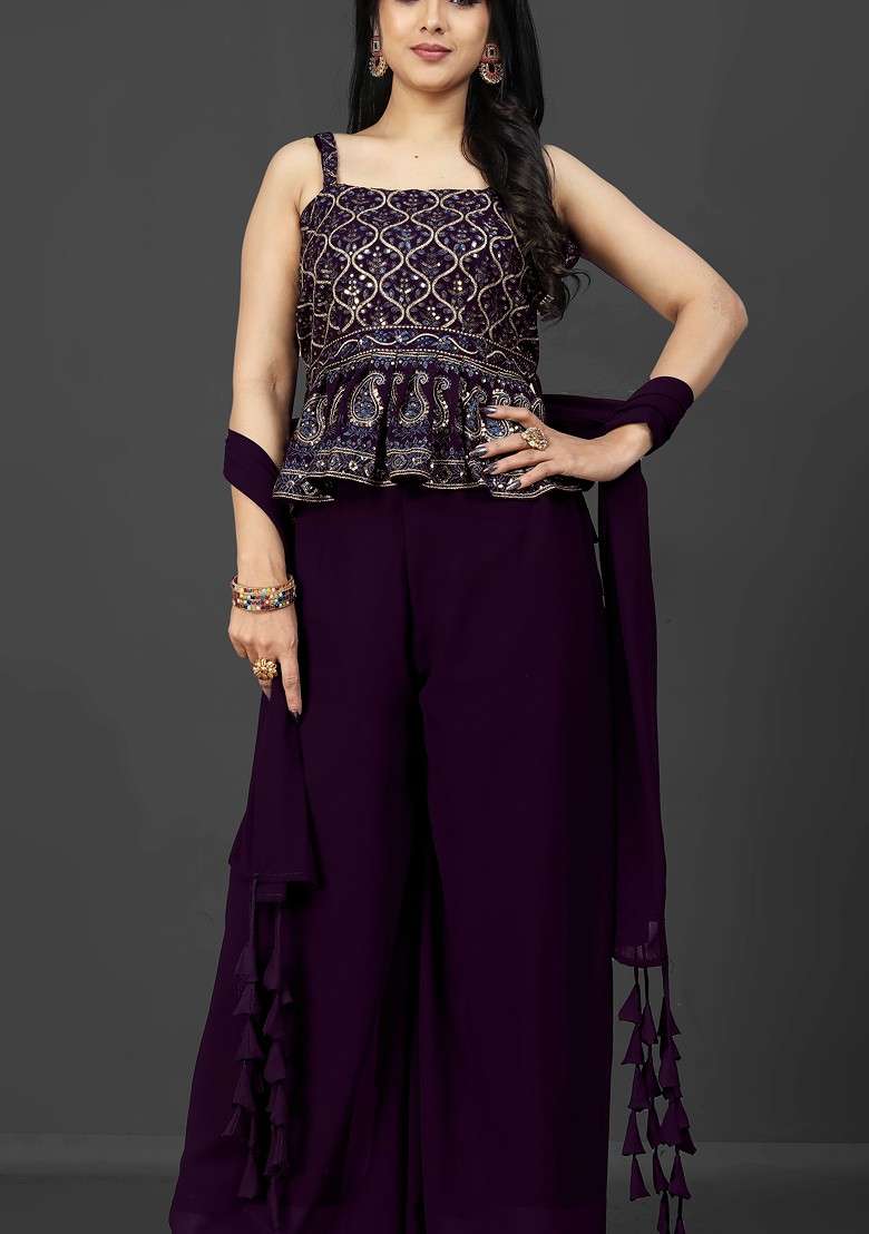 Purple Shoulder Straps Embroidered Ethnic Georgette Top With Palazzos And Dupatta - Indya