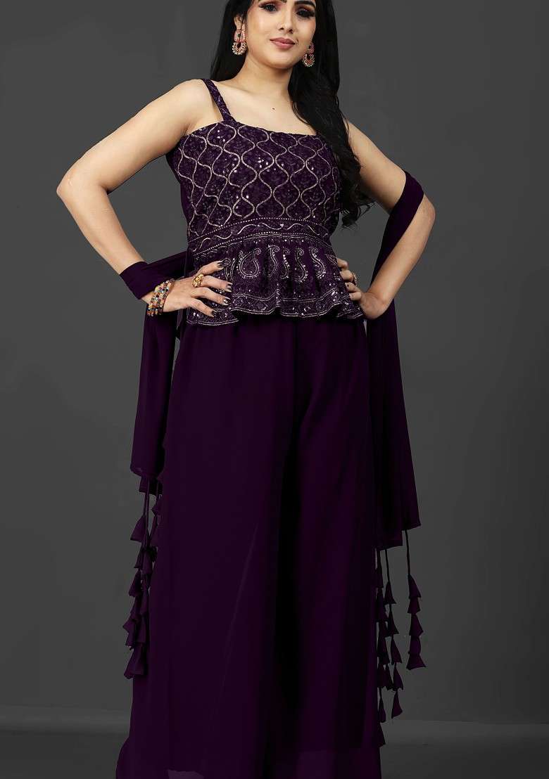 Purple Shoulder Straps Embroidered Ethnic Georgette Top With Palazzos And Dupatta - Indya