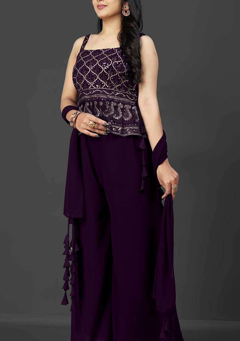 Purple Shoulder Straps Embroidered Ethnic Georgette Top With Palazzos And Dupatta - Indya