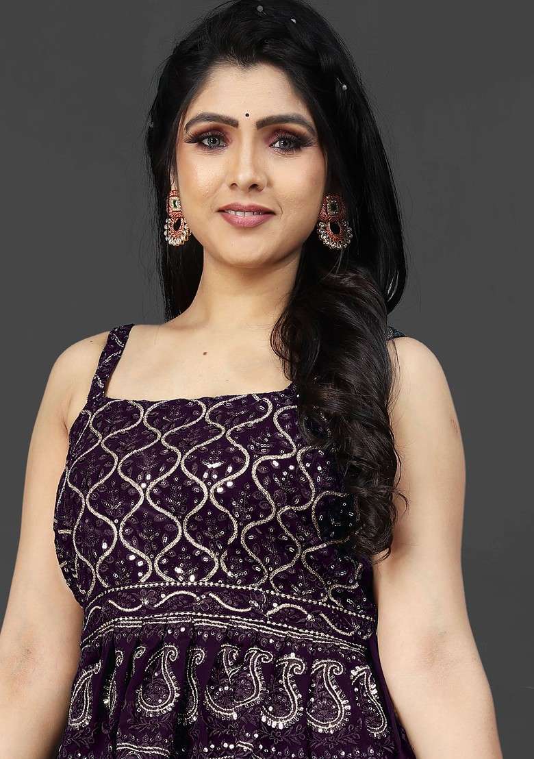 Purple Shoulder Straps Embroidered Ethnic Georgette Top With Palazzos And Dupatta - Indya