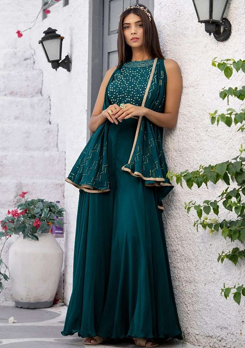 Teal Geometric Embroidered Halter Neck Sequinned Crop Top With Palazzos And Dupatta - Indya