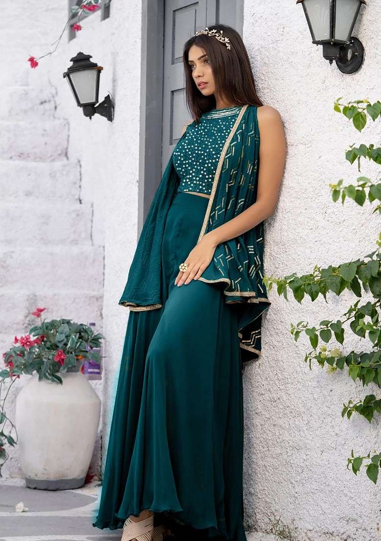 Teal Geometric Embroidered Halter Neck Sequinned Crop Top With Palazzos And Dupatta - Indya