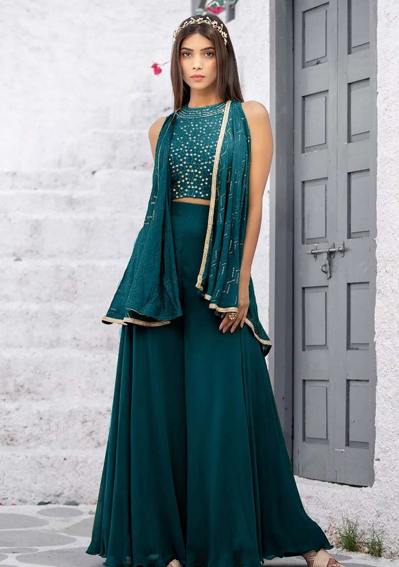Teal Geometric Embroidered Halter Neck Sequinned Crop Top With Palazzos And Dupatta - Indya