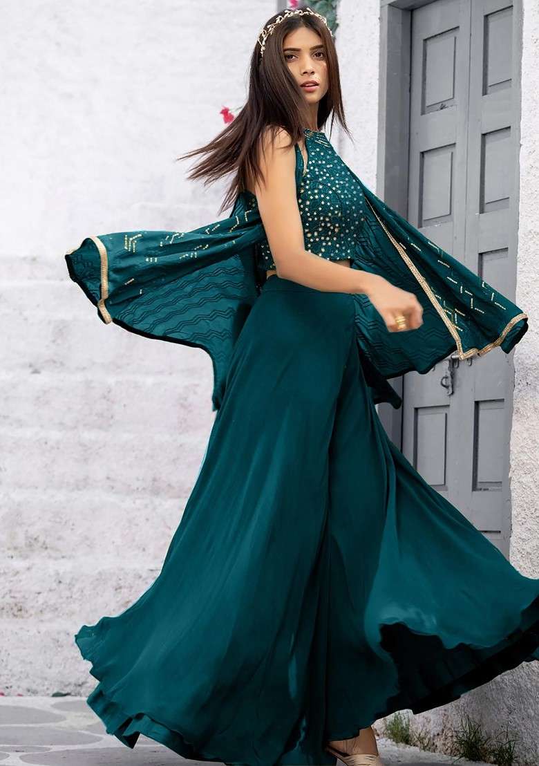 Teal Geometric Embroidered Halter Neck Sequinned Crop Top With Palazzos And Dupatta - Indya